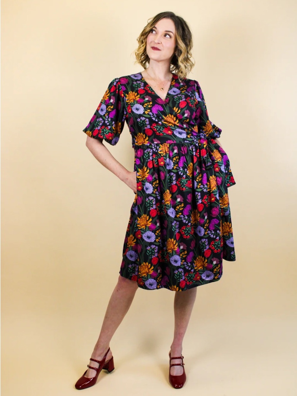 Floral Wrap Midi Dress with pockets- Black with Purple, Red & Yellow Flowers
